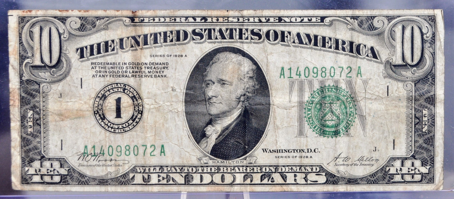 1928-A 10 Dollar Federal Reserve Numerical Note - Boston MA (1) Issue - 1928A Green Seal Ten Dollar Banknote Redeemable in Gold - Fr.2001-A