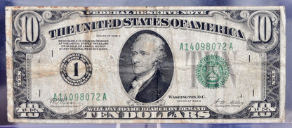 1928-A 10 Dollar Federal Reserve Numerical Note - Boston MA (1) Issue - 1928A Green Seal Ten Dollar Banknote Redeemable in Gold - Fr.2001-A