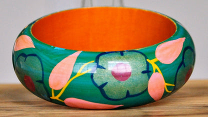 1970s Bright Floral Painted Lacquer Wood Cuff Bracelet - 2.5" Width - Genuine Vintage Hand Painted Flower Lacquer Wood Bangle