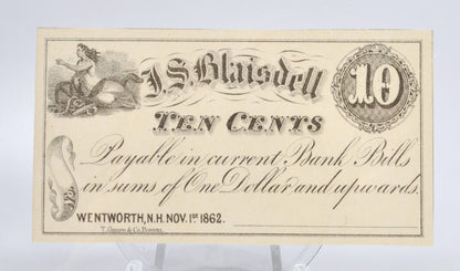 1862 Wentworth NH J. S. Blaisdell 10 Cents Merchant Scrip - Uncirculated Remainder - New Hampshire Ten Cent Remainder Merchant Note