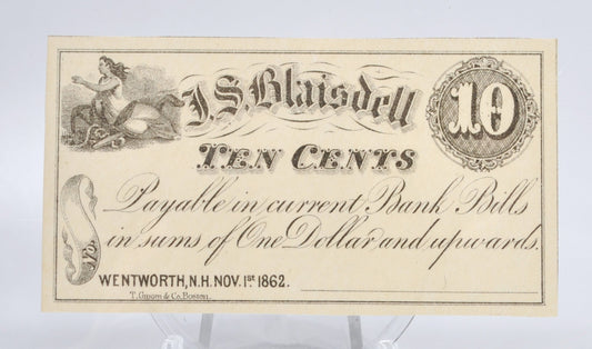 1862 Wentworth NH J. S. Blaisdell 10 Cents Merchant Scrip - Uncirculated Remainder - New Hampshire Ten Cent Remainder Merchant Note