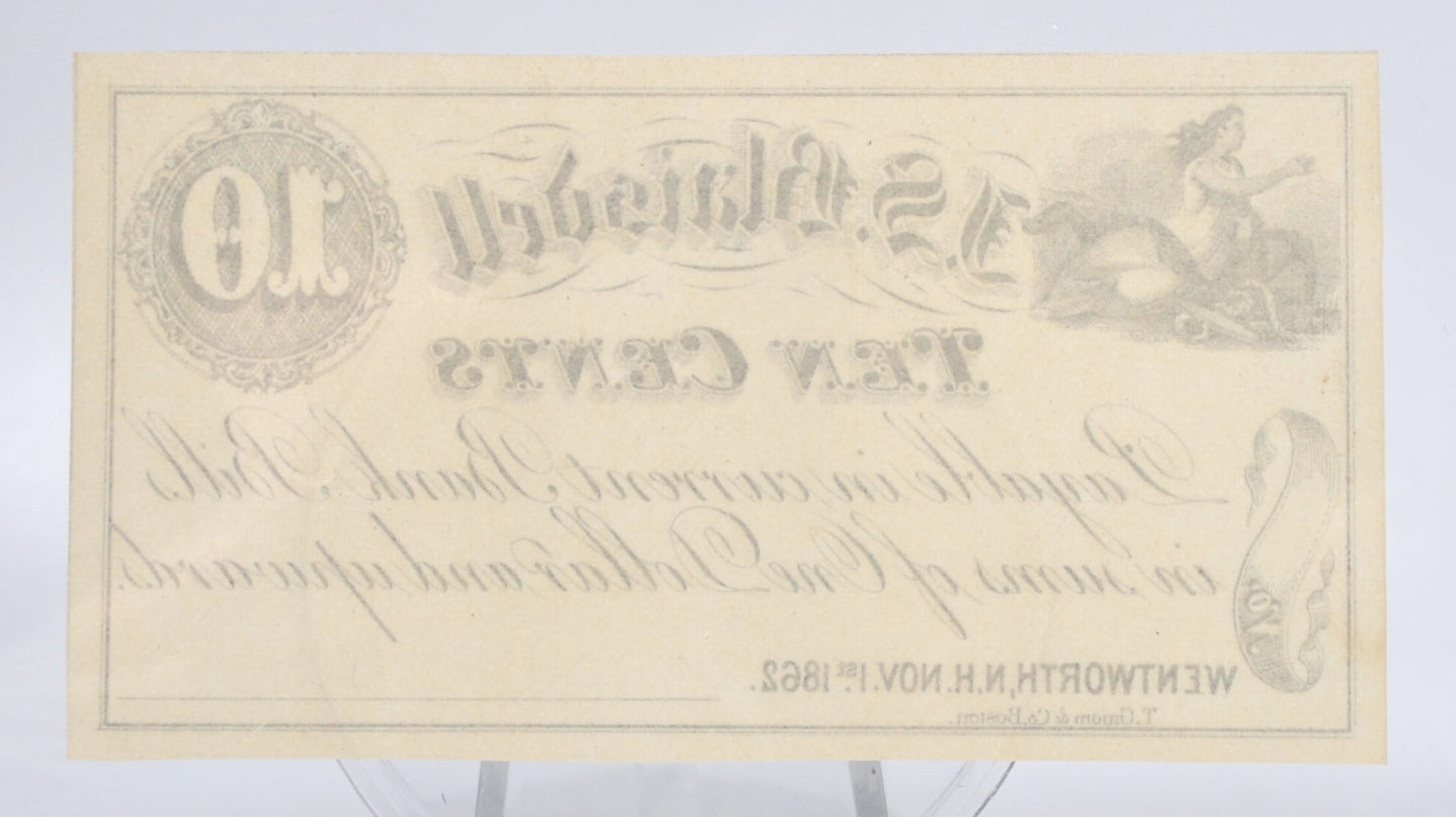 1862 Wentworth NH J. S. Blaisdell 10 Cents Merchant Scrip - Uncirculated Remainder - New Hampshire Ten Cent Remainder Merchant Note