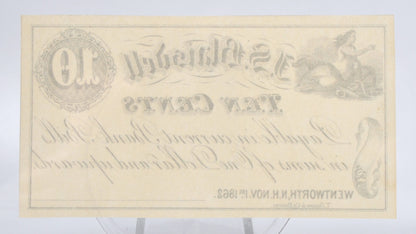 1862 Wentworth NH J. S. Blaisdell 10 Cents Merchant Scrip - Uncirculated Remainder - New Hampshire Ten Cent Remainder Merchant Note