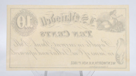1862 Wentworth NH J. S. Blaisdell 10 Cents Merchant Scrip - Uncirculated Remainder - New Hampshire Ten Cent Remainder Merchant Note