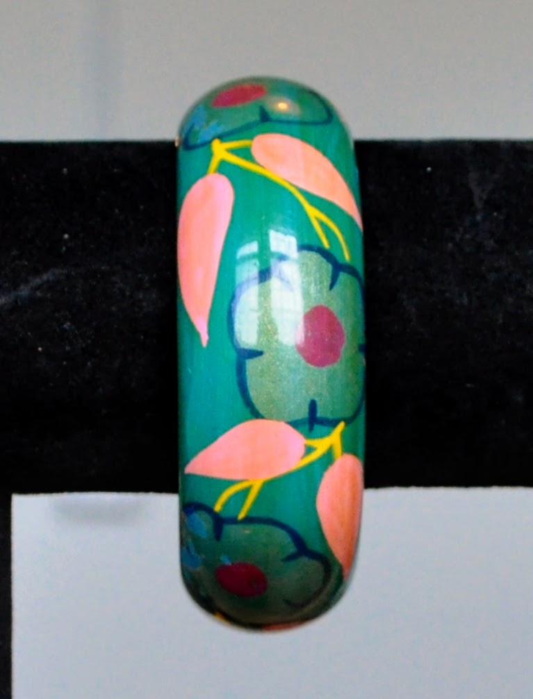 1970s Bright Floral Painted Lacquer Wood Cuff Bracelet - 2.5" Width - Genuine Vintage Hand Painted Flower Lacquer Wood Bangle