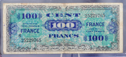 1944 France Allied Military 100 Franc Note - WWII Era Allied Franc Note - Block Number 6 - 1944 French One Hundred Francs Banknote - P#123c