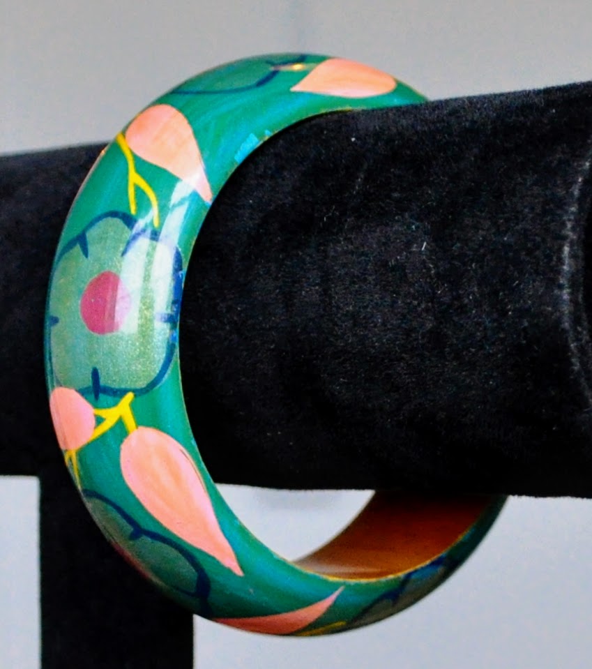 1970s Bright Floral Painted Lacquer Wood Cuff Bracelet - 2.5" Width - Genuine Vintage Hand Painted Flower Lacquer Wood Bangle