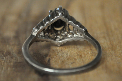 Vintage Style Dark Sapphire Sterling Silver Ring Sz 10.5 - Size 10.5 Sterling Silver Ring with Oval Sapphire and Cubic Zirconia Accents