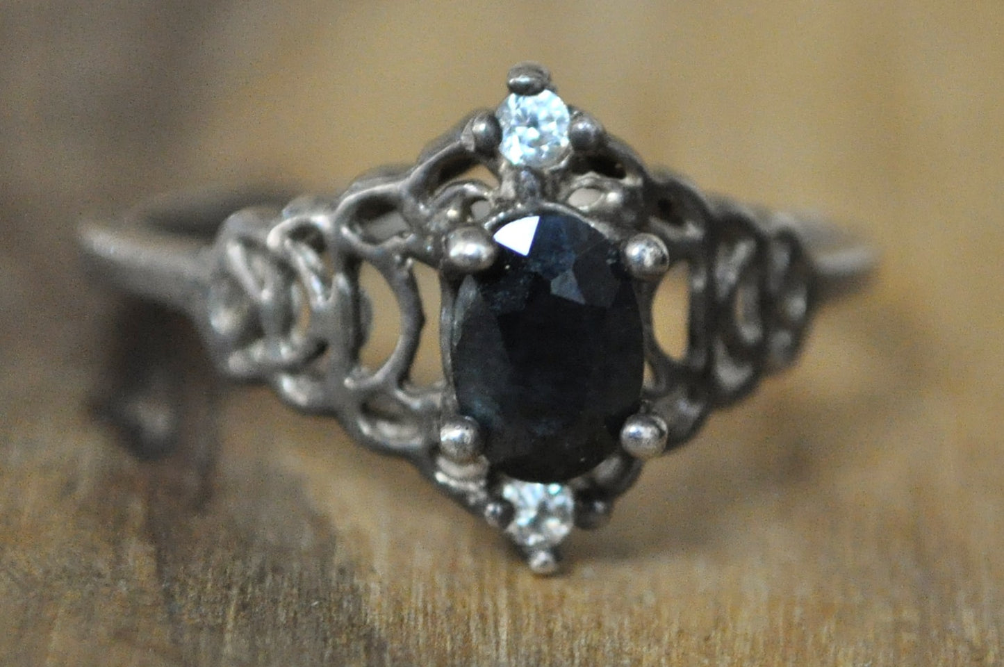 Vintage Style Dark Sapphire Sterling Silver Ring Sz 10.5 - Size 10.5 Sterling Silver Ring with Oval Sapphire and Cubic Zirconia Accents