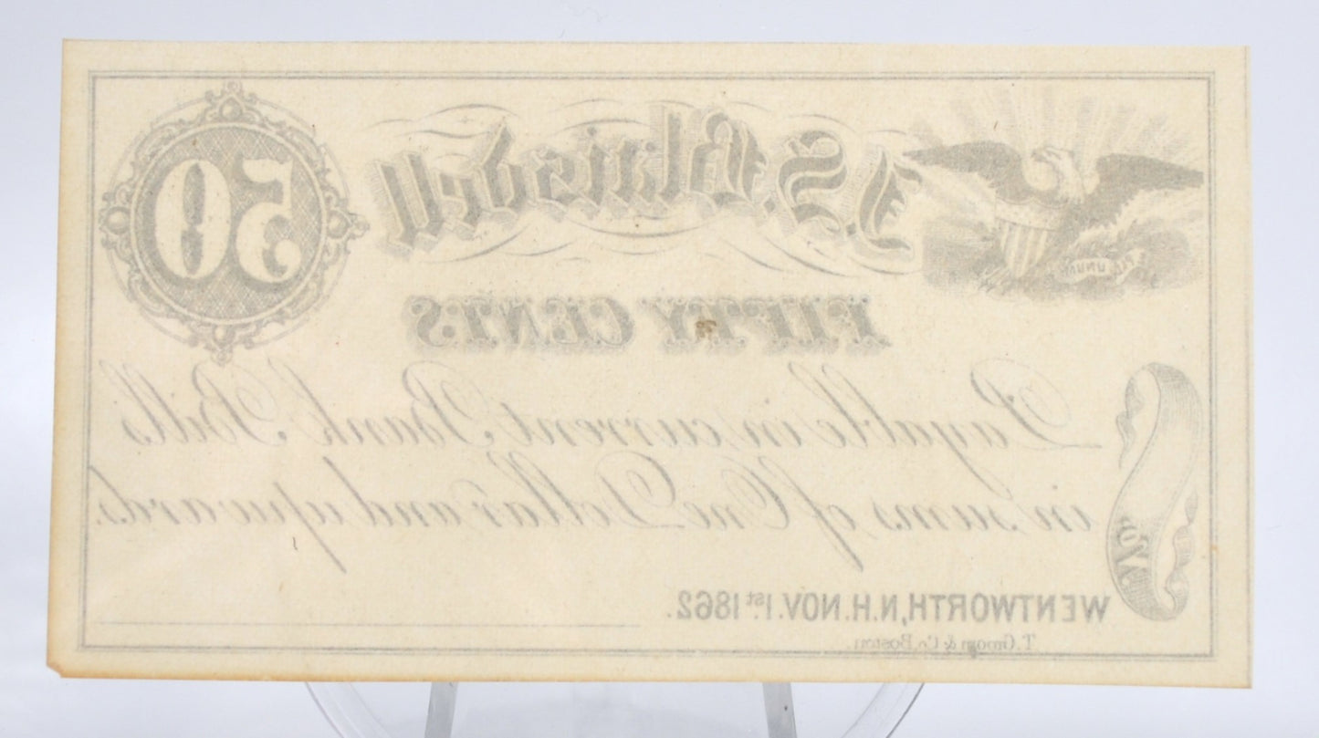 1862 Wentworth NH J. S. Blaisdell 50 Cents Merchant Scrip - Uncirculated Remainder - New Hampshire Fifty Cent Remainder Merchant Note