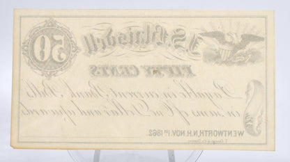 1862 Wentworth NH J. S. Blaisdell 50 Cents Merchant Scrip - Uncirculated Remainder - New Hampshire Fifty Cent Remainder Merchant Note