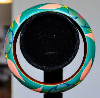 1970s Bright Floral Painted Lacquer Wood Cuff Bracelet - 2.5" Width - Genuine Vintage Hand Painted Flower Lacquer Wood Bangle