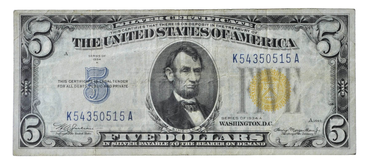 1934-A 5 Dollar North Africa Silver Certificate Yellow Seal - Extremely Fine (XF) - 1934 North Africa Five Dollar Silver Cert - Fr#2307