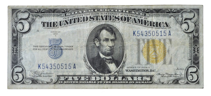 1934-A 5 Dollar North Africa Silver Certificate Yellow Seal - Extremely Fine (XF) - 1934 North Africa Five Dollar Silver Cert - Fr#2307