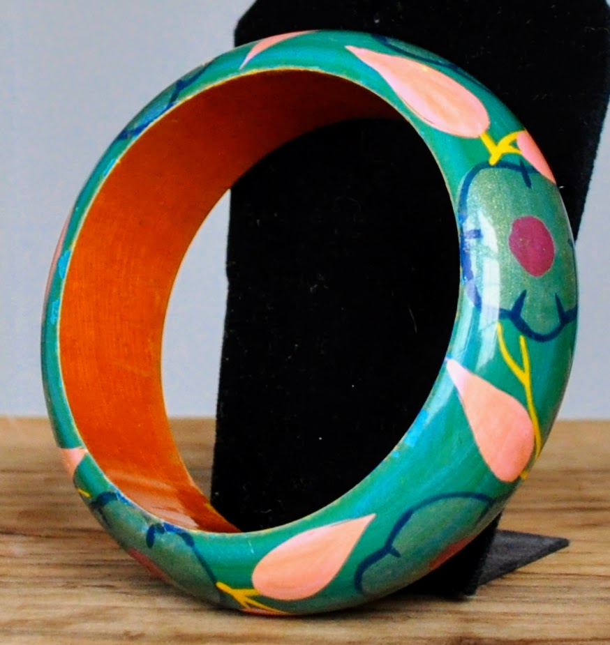 1970s Bright Floral Painted Lacquer Wood Cuff Bracelet - 2.5" Width - Genuine Vintage Hand Painted Flower Lacquer Wood Bangle