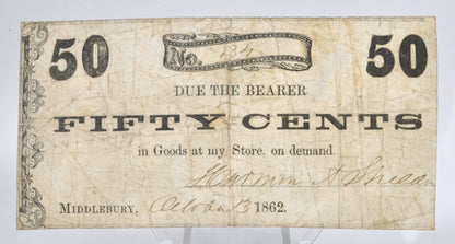 1862 Harmon A. Sheldon 50 Cents Merchant Scrip Note - Middlebury Vermont Obsolete - 1862 Vermont Merchant Fifty Cent Scrip Note