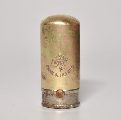 1930s Park & Tilford Floral Brass Miniature Lipstick Tube *Used - 1.5" Tube - Vintage Park and Tilford Mini Brass Maroon Lipstick Tube