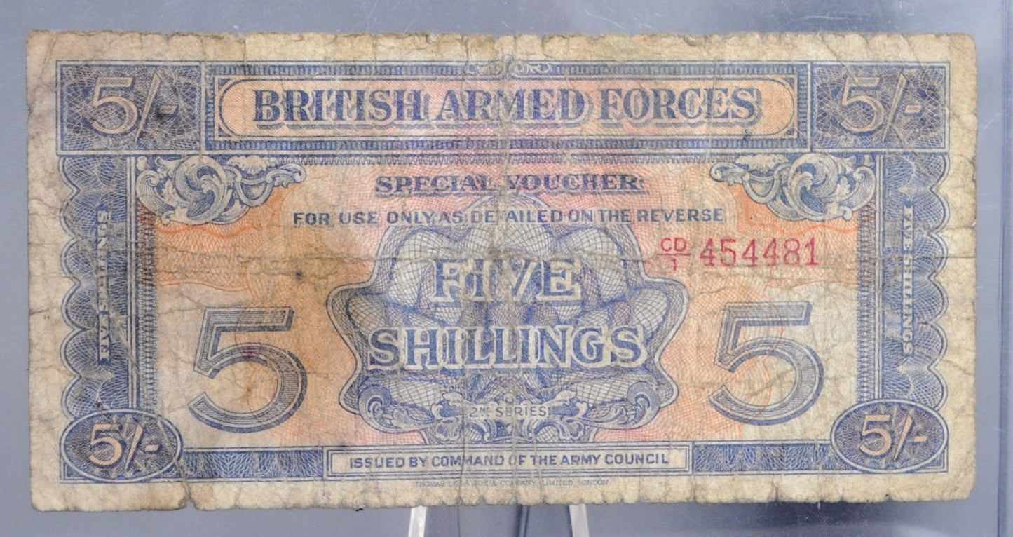 1948 British Armed Forces 5 Shillings Special Voucher Note - Second Series, Red Serial - 1948 Five Shilling British Military Note - P#M20c