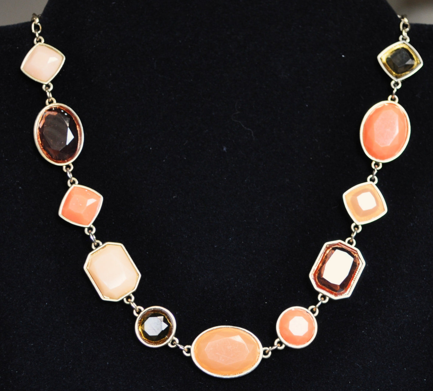 Beautiful Crown Trifari Goldtone Apricot Crush Necklace - 19 Inches - Signed Crown Trifari Charm - Peach Tone Gemstones Costume Necklace