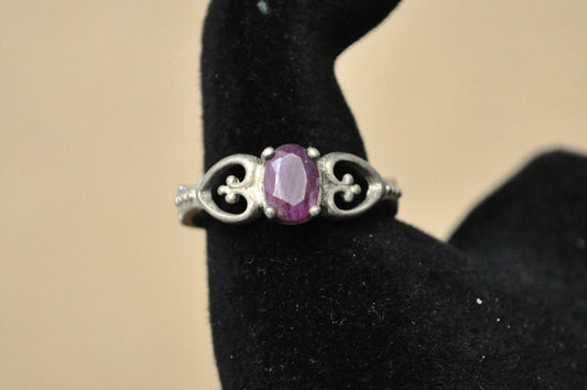 Vintage Sterling Silver Sweetheart Ring with Oval Ruby Size 8 - Vintage Fleur de Lis and Heart Ruby Ring