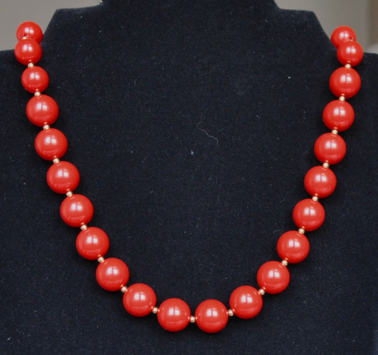 Vintage Monet Goldtone Red Lucite Beaded Necklace - 19 Inches - Circa 1950s Monet Signed Eclectic Red Bead Choker Necklace