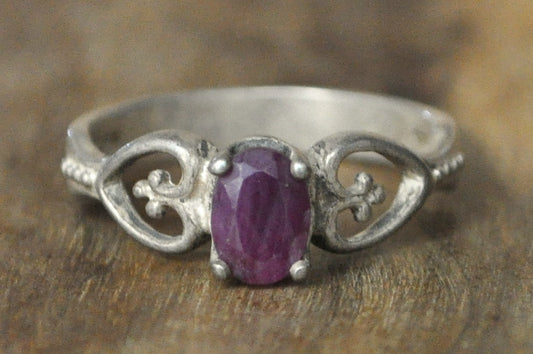Vintage Sterling Silver Sweetheart Ring with Oval Ruby Size 8 - Vintage Fleur de Lis and Heart Ruby Ring