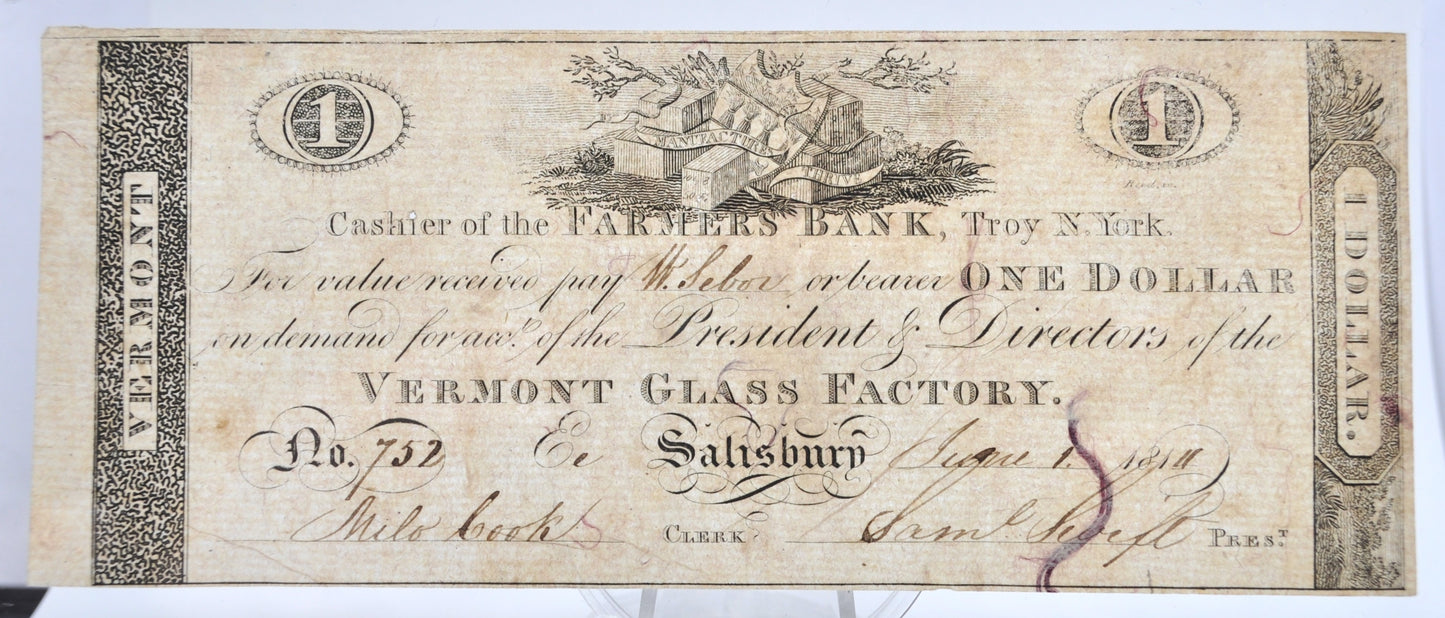 1814 Vermont Glass Factory 1 Dollar Merchant Scrip Note - Rare Early Vermont Scrip - Salisbury, VT - 1814 One Dollar Vermont Merchant Scrip