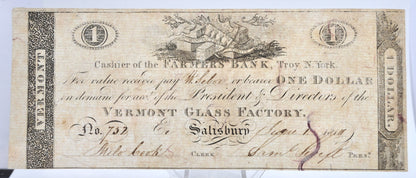 1814 Vermont Glass Factory 1 Dollar Merchant Scrip Note - Rare Early Vermont Scrip - Salisbury, VT - 1814 One Dollar Vermont Merchant Scrip