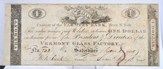 1814 Vermont Glass Factory 1 Dollar Merchant Scrip Note - Rare Early Vermont Scrip - Salisbury, VT - 1814 One Dollar Vermont Merchant Scrip