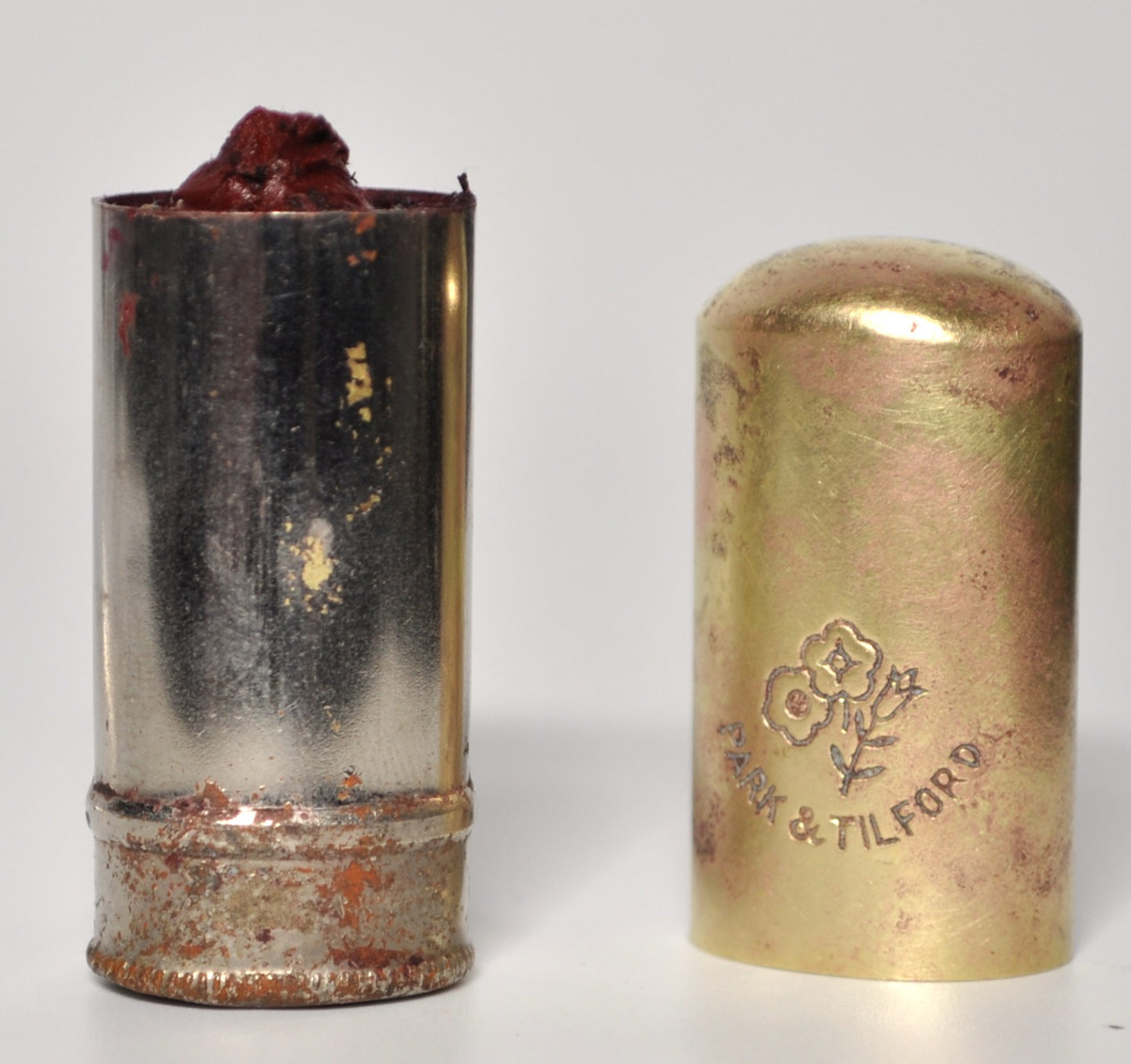 1930s Park & Tilford Floral Brass Miniature Lipstick Tube *Used - 1.5" Tube - Vintage Park and Tilford Mini Brass Maroon Lipstick Tube