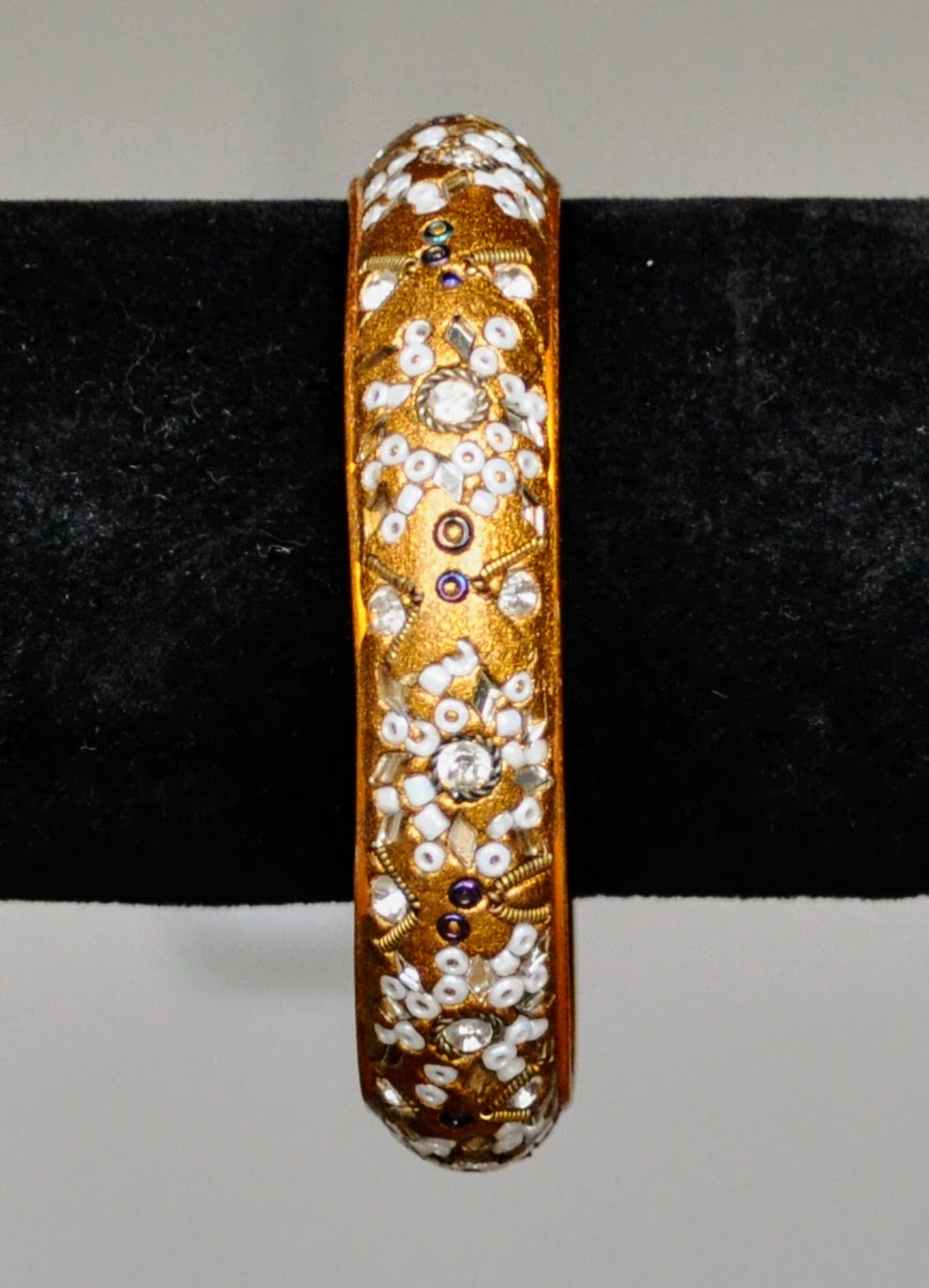 Beautiful Gold Tone Bead and Mirror Mosaic Cuff Bracelet - 2.5" Width - Vintage India Bollywood Inspired Gold Mirrored Bangle