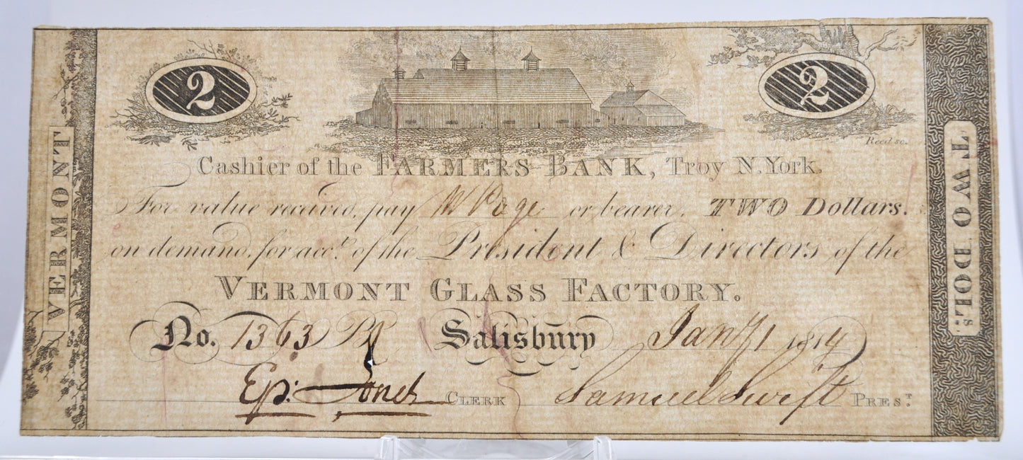 1814 Vermont Glass Factory 2 Dollar Merchant Scrip Note - Rare Early Vermont Scrip - Salisbury, VT - 1814 Two Dollar Vermont Merchant Scrip