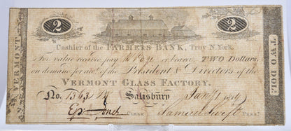 1814 Vermont Glass Factory 2 Dollar Merchant Scrip Note - Rare Early Vermont Scrip - Salisbury, VT - 1814 Two Dollar Vermont Merchant Scrip