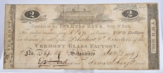 1814 Vermont Glass Factory 2 Dollar Merchant Scrip Note - Rare Early Vermont Scrip - Salisbury, VT - 1814 Two Dollar Vermont Merchant Scrip