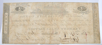 1814 Vermont Glass Factory 2 Dollar Merchant Scrip Note - Rare Early Vermont Scrip - Salisbury, VT - 1814 Two Dollar Vermont Merchant Scrip