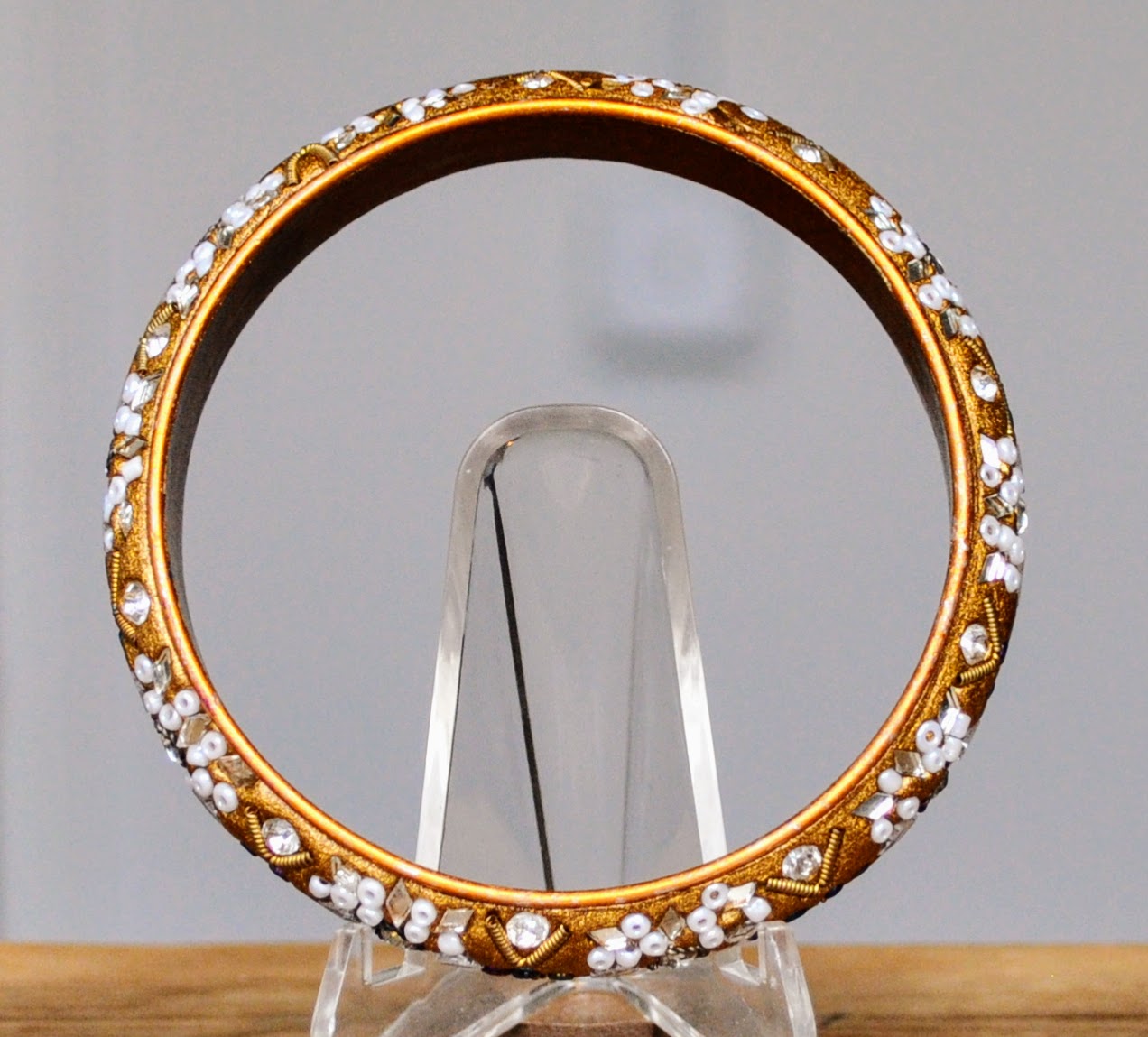 Beautiful Gold Tone Bead and Mirror Mosaic Cuff Bracelet - 2.5" Width - Vintage India Bollywood Inspired Gold Mirrored Bangle