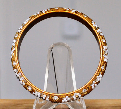 Beautiful Gold Tone Bead and Mirror Mosaic Cuff Bracelet - 2.5" Width - Vintage India Bollywood Inspired Gold Mirrored Bangle