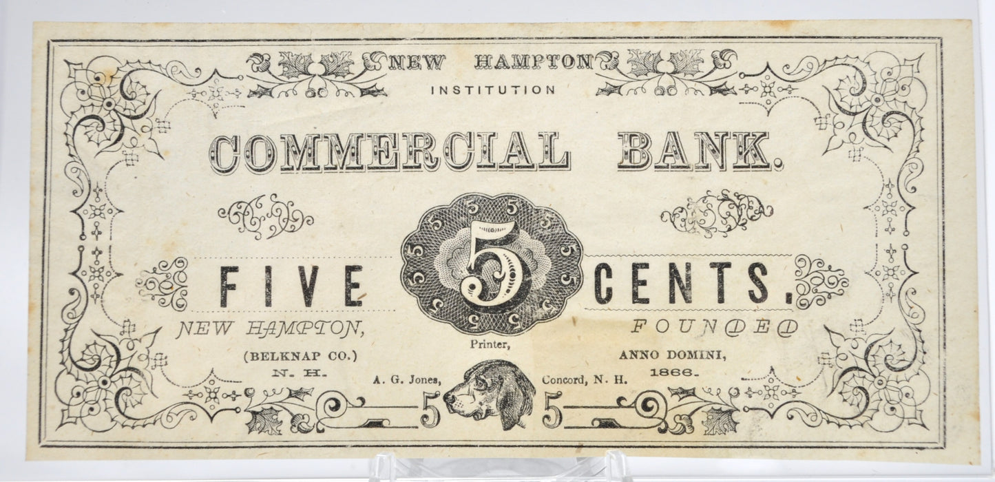 1866 New Hampton Institution Commercial Bank 5 Cents Note - New Hampshire College Currency - New Hampton School Five Cents Trade Currency