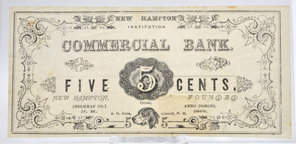 1866 New Hampton Institution Commercial Bank 5 Cents Note - New Hampshire College Currency - New Hampton School Five Cents Trade Currency
