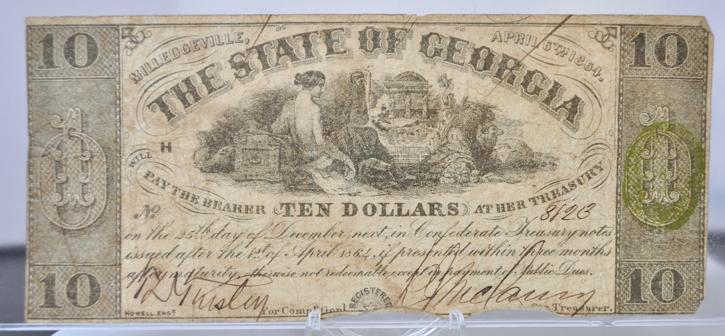 1864 State of Georgia 10 Dollar Milledgeville Issue Obsolete Note - Choice of Grade - Confederate Currency - 1864 GA Ten Dollar Banknote