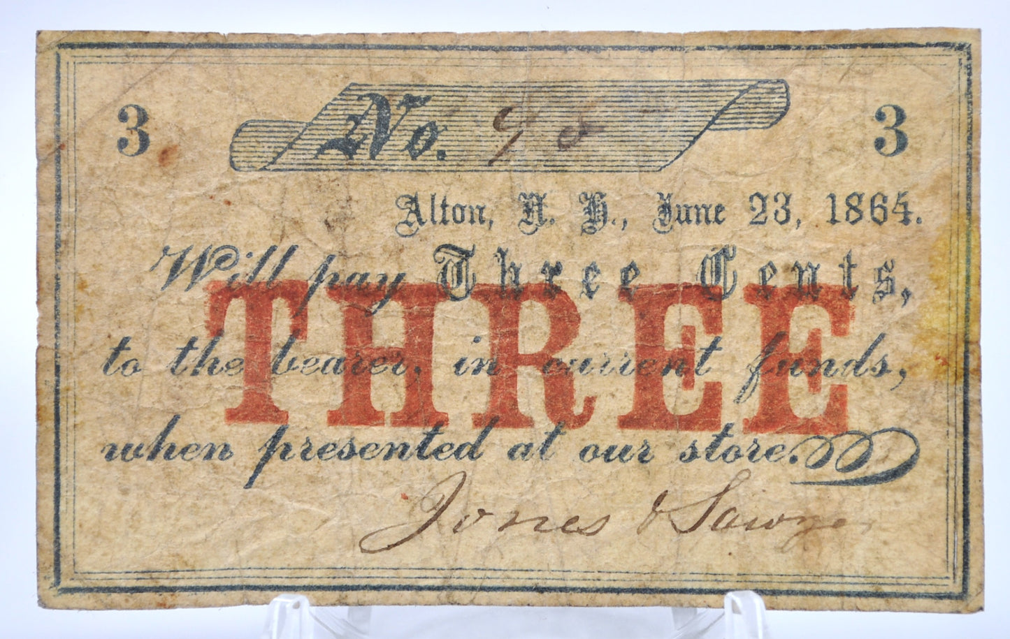 RARE 1864 Alton NH Jones and Sawyer 3 Cents Merchant Scrip - June 23rd, 1864 - New Hampshire Obsolete Three Cent Merchant Note