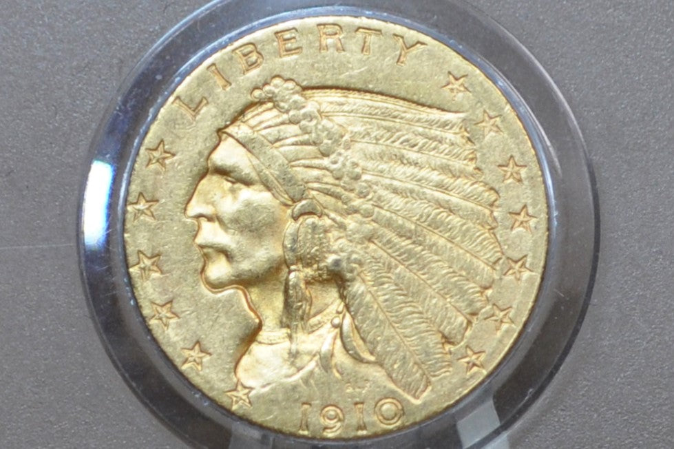 1910 2.5 Dollar Gold Coin, Choice AU, Beautiful Coin, Two and a Half Dollar Gold 1911 Indian Head Gold Quarter Eagle, Historic Coin Type