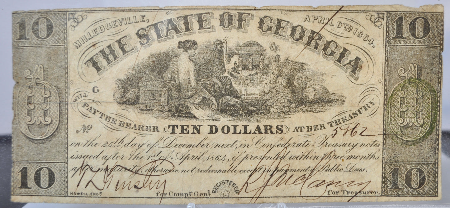 1864 State of Georgia 10 Dollar Milledgeville Issue Obsolete Note - Choice of Grade - Confederate Currency - 1864 GA Ten Dollar Banknote