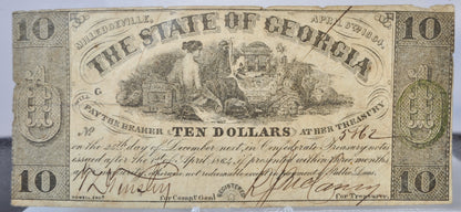 1864 State of Georgia 10 Dollar Milledgeville Issue Obsolete Note - Choice of Grade - Confederate Currency - 1864 GA Ten Dollar Banknote