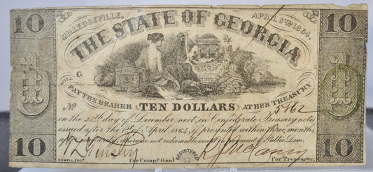 1864 State of Georgia 10 Dollar Milledgeville Issue Obsolete Note - Choice of Grade - Confederate Currency - 1864 GA Ten Dollar Banknote