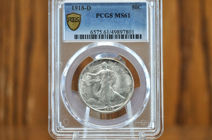 1918-D Walking Liberty Silver Half Dollar - MS61 (Uncirculated), PCGS - Denver Mint 1918 Walking Liberty Half Dollar 1918D WLH