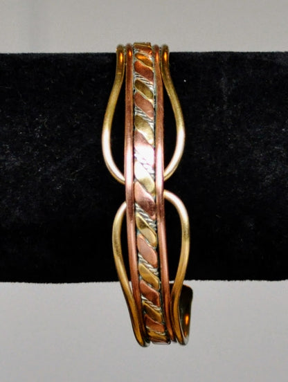 Amazing Tri-Color Brass Copper Silver Hammered Braid Cuff Bracelet - 6.5" Length - Vintage Multi-Metal Twisted Design Open Cuff
