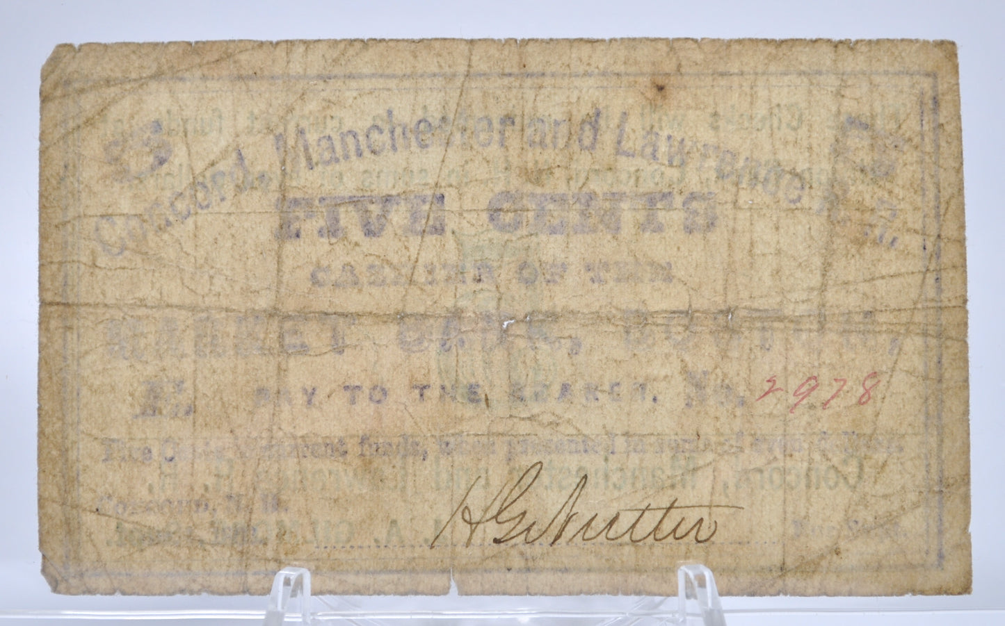 1862 Concord, Manchester & Lawrence Railroad 5 Cents Scrip - Nov 1st, 1862 - Choice Fine (F+) - New Hampshire RR Obsolete Five Cent Note