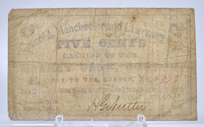 1862 Concord, Manchester & Lawrence Railroad 5 Cents Scrip - Nov 1st, 1862 - Choice Fine (F+) - New Hampshire RR Obsolete Five Cent Note