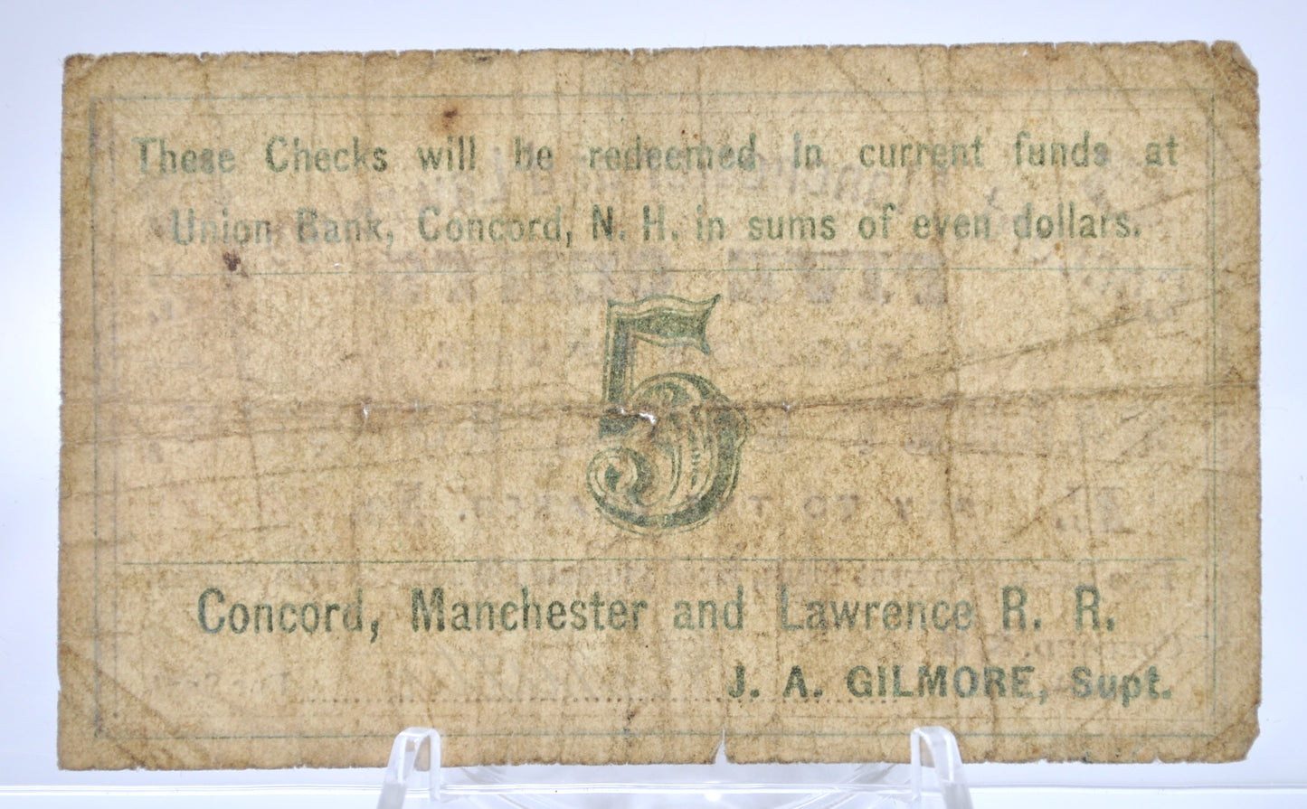 1862 Concord, Manchester & Lawrence Railroad 5 Cents Scrip - Nov 1st, 1862 - Choice Fine (F+) - New Hampshire RR Obsolete Five Cent Note